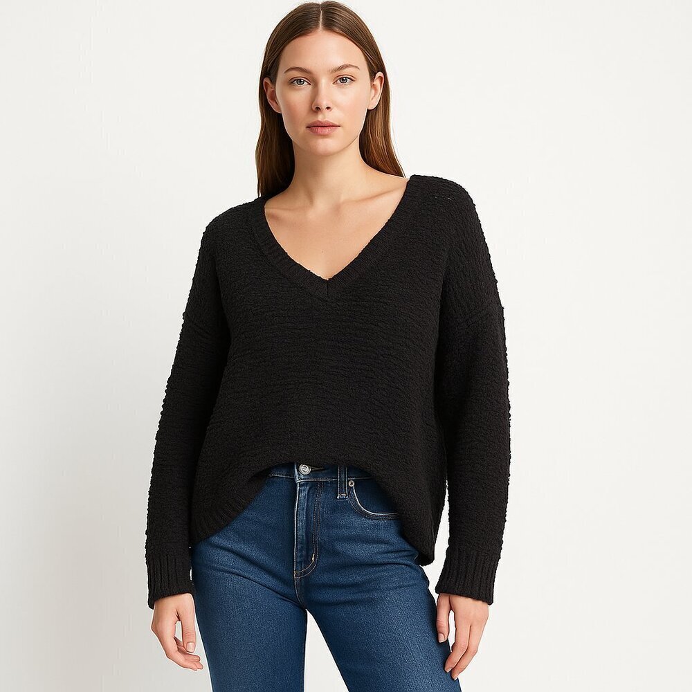 Free People Black Bouclé Textured Knit Sweater Oversized Slouchy Quiet Luxury Si